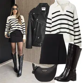Outfiti za skunje sa Crna/Narandžasta Jakna od Umjetne Kože/Bajkerska Jakna/Kožna Jakna/Motociklistička jakna Noisy may, Crna Nekategorizirano Edited, Smeđa/Crna/Tamnocrvena/Tamnosmeđa Čizma do Koljena/Čizma za Jahanje/Čizma s patentnim zatvaračem/Duga Čizma/Široke čizme Tamaris "Proljetni Outfit"