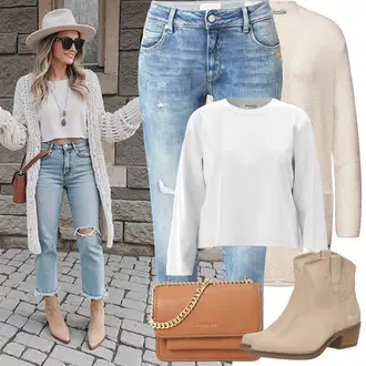 Outfity pro sport Cool s Modrá/Světle modrá Capri Džíny/Kotníková Bota/Zkrácené Džíny/Boyfriend Džínové kalhoty/Džíny s Rozparkem/Dámské Džíny s Délkou 7/8/Girlfriend Džíny/Džíny s Dírou Gang "Jarní Outfit"Look: Styl, Cool, Francouzské, Italský, Moderní, Mom, Old Money