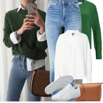 Outfit s Zelená/Tmavě zelená/Neonové barvy Basic Svetr/Kašmírový Svetr/Svetr z Jemné Pleteniny/Jednoduchý Svetr/Vlněný Svetr/Kašmírový Svetr/Crop Svetr/Svetr Carmen/Pletený Svetr/Svetr s Kulatým Výstřihem jjxx "Jarní Outfit"