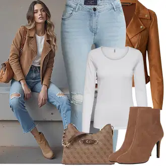 Outfit s Hnědá/Tmavě hnědá/Béžová Kotníková Bota s Podšívkou/Letní kotníková kozačka/Kotníková Bota Na Podpatku/Klasická kozačka/Kozačka Na Podpatku/Špičatá Kozačka About You "Jarní Outfit"