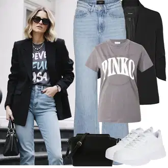 Zvonové kalhoty Outfit s Světle modrá/Modrá Džíny High Waist Džínové Kalhoty/Džíny Culottes/Džín s Širokou Nohavicí/Džíny Volného Střihu/Džíny s Rozparkem/Zvonové Džíny/Vintage Džíny/Baggy Džíny/Pánské tričko VERO MODA "Jarní Outfit"