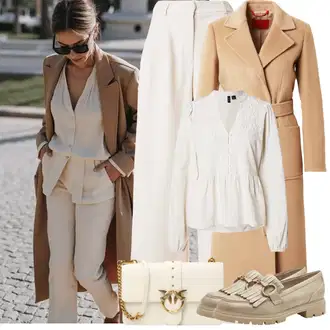 Outfit sa Bež/Smeđa/Kaki Midi Kaput/Vuneni Kaput/Dugi Kaput/Dugi Kaput/Vuneni Kaput/Baloner/Kaput od Kašmira max&co. "Proljetni Outfit"