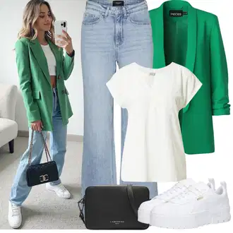 Zvonové kalhoty Outfit s Světle modrá/Modrá Džíny High Waist Džínové Kalhoty/Džíny Culottes/Džín s Širokou Nohavicí/Džíny Volného Střihu/Džíny s Rozparkem/Zvonové Džíny/Vintage Džíny/Baggy Džíny/Pánské tričko VERO MODA "Jarní Outfit"