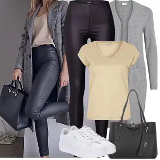 Mokri izgled Outfit sa Crna/Kaki/Tamnozelena/Tamnosiva Tajice od Vinila/Tajice Kožnog Izgleda/Kožne Tajice/Hlače od Umjetne Kože/Treggings/Tajice s Prorezom Object "Proljetni Outfit"Look: Mokri izgled, Old Money, Besprijekorno, Vanjski, Techno, Rap