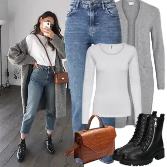 Outfit sa Crna/Siva Mokasin/Mokasin/Papuča/Tenisica Debele Tenisice/Tenisice s patentnim zatvaračem sa strane/Rupičasta Tenisica/Barefoot cipela About You "Proljetni Outfit"