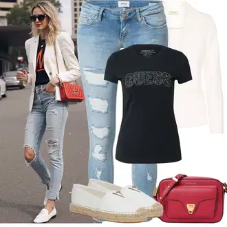 Outfity z džínu Skinny s Světle modrá/Modrá Kožená bunda/Džíny s Rozparkem/Kotníková Bota/Push up Džín/Kožené bundy/Džíny s Dírou/Džíny s Nízkým Sedem Only "Jarní Outfit"