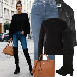 Kombinacije s čizmama sa Crna Čizma Iznad Koljena/Duga Čizma/Čizma do Koljena/Ravna čizma preko koljena/Kožna Čizma Iznad Koljena About You "Proljetni Outfit"