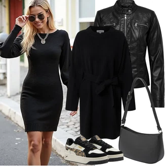 Outfit s Černá Zimní Pletené Šaty/Šaty s Páskem/Pletené Šaty/Svetrové Šaty Edited "Jarní Outfit"