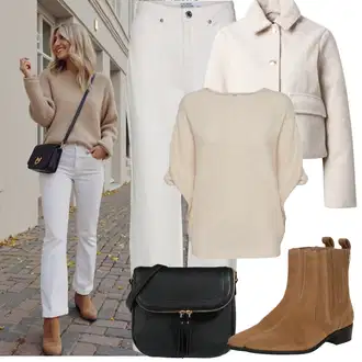 Outfit s Béžová/Bílá/Khaki/Hnědá Svetry s netopýřím rukávem/Kašmírový Svetr/Vodopádový Svetr/Kašmírový Svetr/Oversize Svetr/Jednoduchý Svetr/Vlněný Svetr JdY "Jarní Outfit"