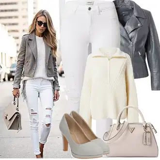 Outfit s Krémová/Bílá/Khaki/Béžová Sveter Svetr se zipem/Svetr s límečkem/Svetr s Výstřihem millane "Jarní Outfit"