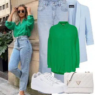 90tá léta Outfit s Zelená/Neonové barvy/Tyrkysový Blůza s knoflíčkem/Dlouhá Halenka/Halenka s Dlouhým Rukávem/Oversize Halenka/Tunikové Tričko/Jednobarevná Halenka/Kožená bunda pro muže Only "Jarní Outfit"Look: Styl, Klasické, 90tá léta, Irský, Příliš oblečený, Nadrozměrné, Retro