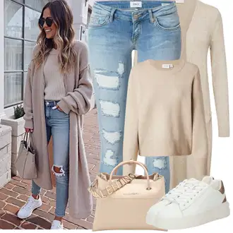 Outfity na podzim Estetika s Béžová/Krémová/Hnědá/Bílá Kožené tenisky/Letní tenisky/Teniska na platformě/Nízká Teniska/Úzká teniska Guess "Jarní Outfit"Look: Blokování barev, Estetika, Bad Taste, Moderní, Sportovní, Unisex