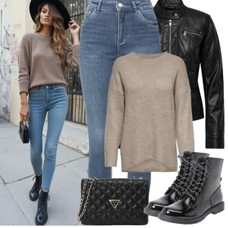 Outfity na podzim s Tmavě modrá/Modrá Kožená bunda/High Waist Džínové Kalhoty/Push up Džín/Džíny s Rozparkem/Termální Džíny/Kožené Boty/Zimní bunda/Navlékací džíny/Motorkářské Džíny/Kotníková Bota Only "Jarní Outfit"