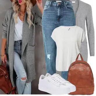 Vysoký Pas Outfit s Světle modrá/Modrá High Waist Džínové Kalhoty/Kotníková Bota/Boyfriend Džínové kalhoty/Džíny s Rozparkem/Kožené bundy/Džíny s Dírou/Girlfriend Džíny Pieces "Jarní Outfit"