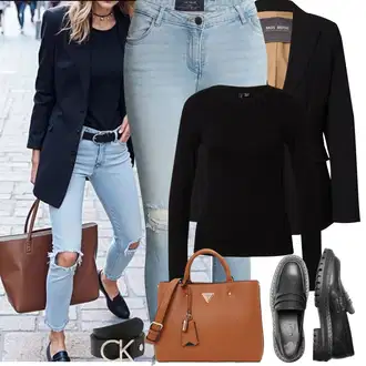 Outfit s Světle modrá Kožená bunda/Džíny s Dírou/Kožené bundy/Kotníková Bota/Zkrácené Džíny/Džíny s Rozparkem/Push up Džín Noisy may "Jarní Outfit"