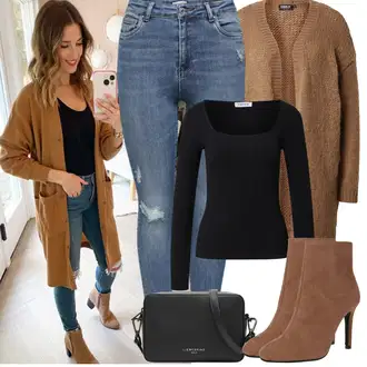 Outfit s Hnědá/Tmavě hnědá/Béžová Kotníková Bota s Podšívkou/Letní kotníková kozačka/Kotníková Bota Na Podpatku/Klasická kozačka/Kozačka Na Podpatku/Špičatá Kozačka About You "Jarní Outfit"