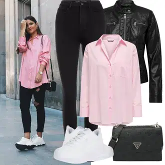 klasický Outfit sa Crna Kožna Jakna/Traperice s Prorezom/Termo Traperice/Kožne Cipele/Zimska jakna/Traperice Slim Kroja/High Waist Traperice/Push-up Traperice/Bikerske Traperice Pieces "Proljetni Outfit"Look: Rap, Stil, Boja, cool, Old Money, Vanjski, Besprijekorno, Običan, klasický, moderne