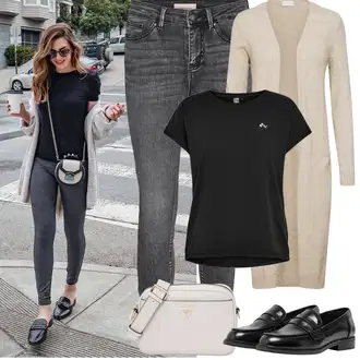 Outfity pro sport Cool s Šedá/Světle šedá/Tmavě šedá Kožená bunda/Zimní bunda/Zkrácené Džíny/Kožené Boty/Džíny s Rozparkem/Push up Džín/Kotníková Bota/Džíny s Nízkým Sedem/Dámské Džíny s Délkou 7/8/Slim Fit Džíny VERO MODA "Jarní Outfit"Look: Styl, Cool, Moderní, Old Money, Bezešvé, Skromné