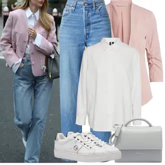 Kombinacije s "mom" trapericama Stil sa Svjetloplava/Plava Vintage traperice/Girlfriend Traperice/High Waist Traperice/Skraćene Traperice/Dad Traperice/Mom Jean levi's ®, Bijela Bluza Veći Broj VERO MODA "Proljetni Outfit"