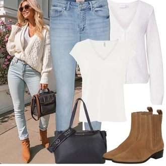 Outfity z džínu Skinny s Světle modrá Kožená bunda/Džíny s Rozparkem/High Waist Džínové Kalhoty/Navlékací džíny/Kotníková Bota/Dámské Džíny s Délkou 7/8/Kožené Boty/Push up Džín VERO MODA "Jarní Outfit"