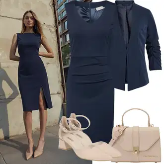 Outfit sa Tamnoplava Uska Haljina/Pamučna haljina/Pletena Haljina/Platnena Haljina/Haljina s Prednjim Patentnim Zatvaračem/Haljina Ravnog Kroja/Poslovna Haljina/Haljina za ured/Haljina Bez Rukava Kaffe "Proljetni Outfit"