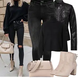 Outfit sa Crna/Tamnosiva/Siva/Svjetlosiva/Kaki Kožna Jakna/Traperice s Prorezom/Push-up Traperice/High Waist Traperice/Kožne Cipele/Termo Traperice/Zimska jakna/Bikerske Traperice Only "Proljetni Outfit"