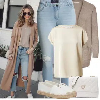Kombinacije za jesen S oblinama sa Siva/Smeđa/Bež Pletivo Veći Broj Only, Bež/Smeđa/Zlatni/Kaki/Bijela Majica I Top Veći Broj/Tunika/Bluza Veći Broj Vila "Proljetni Outfit"