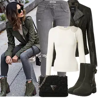 Kombinacije s čizmama sa Tamnozelena motociklistička čizma/Motociklistička čizma/Kožna Jakna UGG "Proljetni Outfit"