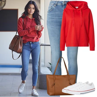 Outfit s Hnědá/Tmavě hnědá/Bílá Plátěná teniska/Nízká Teniska/Nazouvací teniska/Tenisky s Bočním Zipem/Teniska na platformě/Úzká teniska/Teniska teddy/Teniska s dírkovaným vzorem Converse "Lehký outfit"