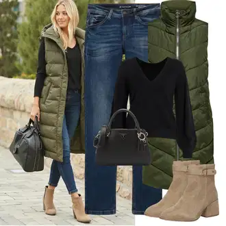 A line Outfit sa Tamnozelena Haljina Veći Broj/Parka velike veličine JdY "Proljetni outfit"