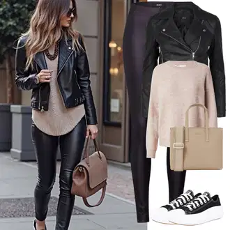Mokri izgled Outfit sa Crna/Kaki/Tamnozelena/Tamnosiva Tajice od Vinila/Tajice Kožnog Izgleda/Kožne Tajice/Hlače od Umjetne Kože/Treggings/Tajice s Prorezom Object "Stilski odjevni komad za proljeće"Look: Mokri izgled, Old Money, Besprijekorno, Vanjski, Techno, Rap