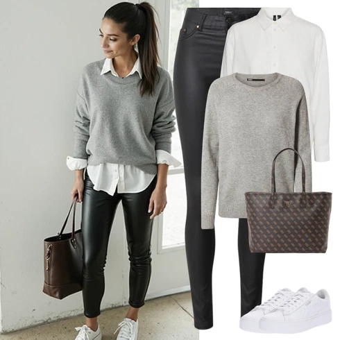 Kombinace Bílá Blůza s knoflíčkem/Halenka se Stojatým Límcem/Businessová Halenka/Dlouhá Halenka/Halenka s Dlouhým Rukávem/Oversize Halenka/Oversize Muselínová Blůza/Slip-on Halenka VERO MODA kombinovat s Černá/Bílá Kožený legíny/Kožená Kalhoty/Legíny s Vysokým Pasem/Kalhoty z Umělé Kůže/Legíny Kožený Vzhled/Skinny Kalhoty Only