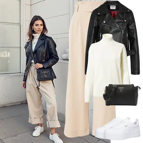 Kombinace Hnědá/Béžová/Khaki Široká Kalhoty/Lněné Kalhoty/Marlene Kalhoty/Kalhoty se Štěrbinou/Palazzo Kalhoty/Paperbag Kalhoty/Mušelínové kalhoty/Kalhoty s Vysokým Pasem/Culotte Kalhoty Only kombinovat s Krémová/Bílá Sveter Kašmírový Svetr/Svetr z Jemné Pleteniny/Kašmírový Svetr/Jednoduchý Svetr/Rolák/Svetr s límečkem SAINT TROPEZ