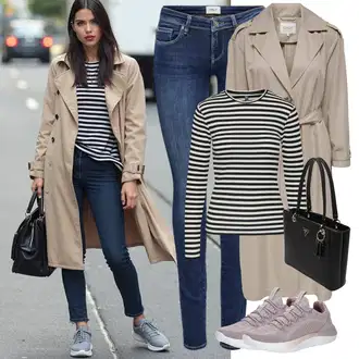 Outfity z džínu Zima s Černá/Zelená/Bílá/Tmavě modrá/Hnědá Pruhované Tričko/Roláková Košile Pieces "Stylový outfit na jaro"