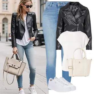 80tá léta Outfit s Černá Kožené Bund Bunda z Umělé Kůže/Motorkářské Bund/Kožené Bund/Motorkářská bunda/Kožená vintage bunda Only "Jarní outfit"Look: Šik, Metal, Moderní, Punk, Rock 'n' Roll, Univerzitní, S Mokrým Vzhledem, 80tá léta