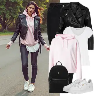 Outfit sa Crna Kožna Jakna/Bikerske Traperice/Traperice s Prorezom/Push-up Traperice/Kožne Cipele/High Waist Traperice/Termo Traperice Only "Proljetni outfit"