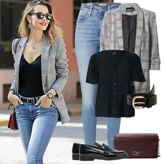 Outfity z džínu s Šedá/Béžová/Světle šedá Oblek Dlouhý Sako/Oversize Sako/Boyfriend Sako/Kostkované Sako Pieces "Jarní outfit"