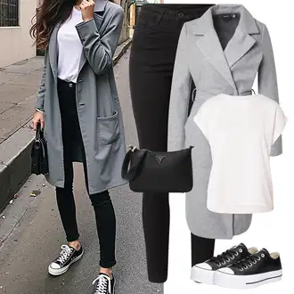 Dlouhé Outfit s Černá Džíny s Rozparkem/Zimní bunda/Kožená bunda/Kožené Boty/High Waist Džínové Kalhoty/Termální Džíny/Motorkářské Džíny/Push up Džín/Slim Fit Džíny Kaffe "Lehký outfit"