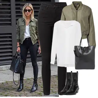 Sportovní Outfit s Tmavě zelená/Khaki Bunda Bomber/Pilotní Bunda Only "Jarní outfit"Look: 90tá léta, Armáda, Military, Venkovní, Safari, Sportovní, Univerzitní, Pracovní oděvy