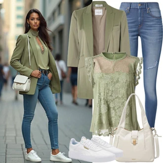 Outfit s Zelená/Fialová/Hnědá Bezrukávní blůza/Halenka s Krátkým Rukávem/Krajková Tunika/Krajková Halenka/Crash blůza/Carmen Blůza/Dětská hračka/Halenkový Top/Halenka s Výšivkou Anglaise moodo "Jarní oblečení"
