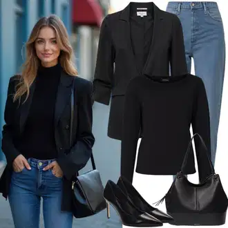 Zvonové kalhoty Outfit s Tmavě modrá/Modrá/Světle modrá Džíny Mom Jean/Termální Džíny/Sweat Džíny/Rovná Džína/Džíny Volného Střihu/Dámské Džíny s Délkou 7/8/Baggy Džíny/Sportovní boty/Dad Džíny/Formální Košile/Zkrácené Džíny/Kožená Pánská Bund jjxx "Jarní outfit"