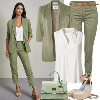 Outfity do kanceláře Pracovní pohovor s Khaki/Hnědá/Tmavě zelená/Béžová Bezrukávní Šaty Freeman T. Porter "Jarní outfit"