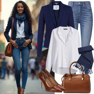 Outfity do kanceláře Pracovní pohovor s Bílá/Krémová Halenka Slim Fit/Halenkové Body VERO MODA, Tmavě modrá Boyfriend Sako/Kožená bunda pro muže/Dvojřadový Sako Polo Ralph Lauren "Jarní outfit"