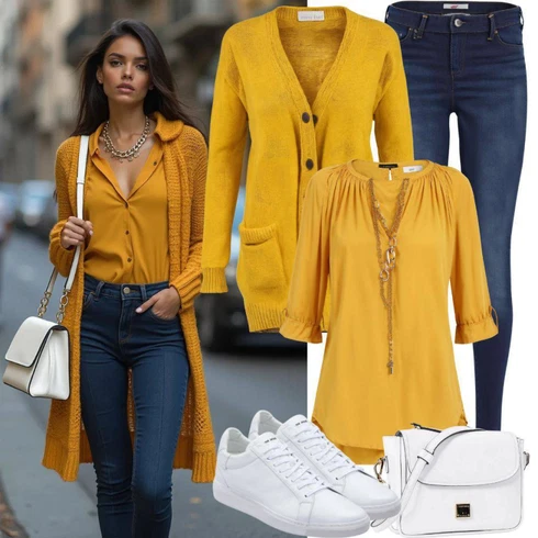 Kombinace Žlutá Dlouhá Halenka/Oversize Halenka/Oversize Muselínová Blůza/Tunikové Tričko Aligne kombinovat s Tmavě modrá/Modrá Kožená bunda/High Waist Džínové Kalhoty/Push up Džín/Zimní bunda/Kožené Boty/Termální Džíny Noisy may