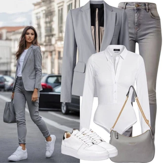 Outfit s Šedá/Bílá/Světle šedá Kožená bunda/Kožené Boty/Zimní bunda/Termální Džíny/Push up Džín/Dámské Džíny s Délkou 7/8/Slim Fit Džíny/Kotníková Bota/Motorkářské Džíny/Kožená Pánská Bund/Džíny s Rozparkem/High Waist Džínové Kalhoty jjxx "Jarní volnočasový outfit"
