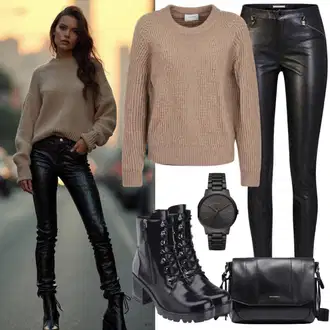 Outfit sa Crna Gležnjača na Vezanje/Klasična čizmica/Kožna Jakna/Čizma s patentnim zatvaračem/Gumena Gležnjača/Ravna Gležnjača/Podstavljena čizma/Borbena Čizma About You "Jesenska odjeća"