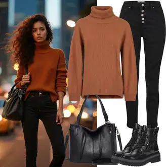 Eleganten outfit mit Rjava/Bež Fini Pleteni Pulover/Osnovni Pulover/Pulover z ovratnikom/Pulover Carmen Pepe Jeans "Jesenski trendovski outfit"Look: Lak, Mehko, Egirl, Preprosta, Klasična, Eleganten, Softgirl, Brez šivov, Preproste, Prevelik, Priložnostne