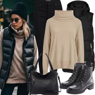 Zimske Outfiti Stari denar mit Bež/Rjava Fini Pleteni Pulover/Pulover z netopirskim rokavom/Slap Izrez Pulover/Women's Pullovers with Stand-up Collar/Pulover z ovratnikom/Zavit pulover/Preprost Pulover/Osnovni Pulover/Pulover iz Kašmirja answear lab "Jesenski videz"Look: Doma, Prevelik, Priložnostne, Stari denar, Lepo