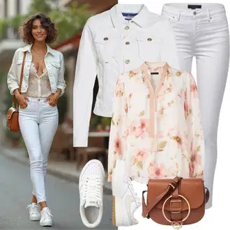 Outfity pro léto Pracovní oděvy s Šedá/Bílá/Krémová/Světle šedá/Světle modrá Krátké Džínové Bundičky/Džínové Bund/Krátký Bund/Krátký Bund Only "Krásný jarní outfit"Look: Moderní, 90tá léta, Disko, Univerzitní, Pracovní oděvy