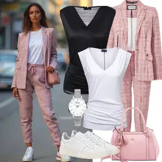90-ich Outfit sa Pink Kožna Jakna/Blejzer s Printom za Žene/Sako od Tvida/Bavarski Sakoi/Boucle Blazer/Karirani Sako happiness İstanbul "Lijepa proljetna odjeća"Look: Elegantan, Elegantna, klasický, 80-te roky, 90-ich, Poslovni, cool, Talijanski, moderne, Prekrasan, Ured, Preppy, Pametno ležerno, Španjolske, Sveučilišna